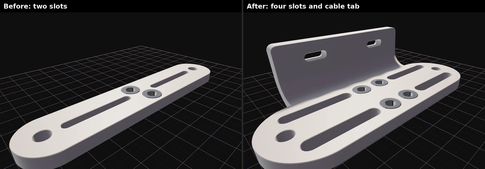 Before: narrow bracket with two slots. After: wider bracket with four slots and a bent cable-tie tab.