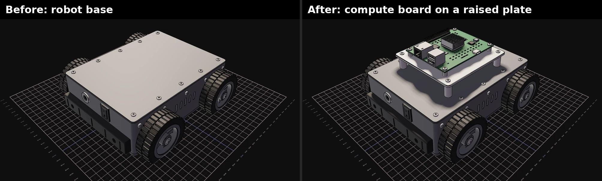 Before: robot base with a flat lid. After: the same base with a compute board on a raised aluminum plate on four standoffs.