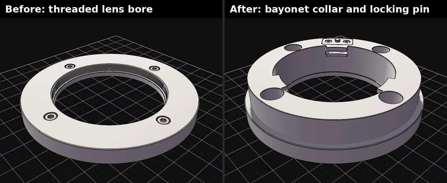 Before: flange ring with a threaded lens bore and four M3 screws. After: the same ring with a tall bayonet collar, three tabs, a locking pin, and open scallops above the four screws.
