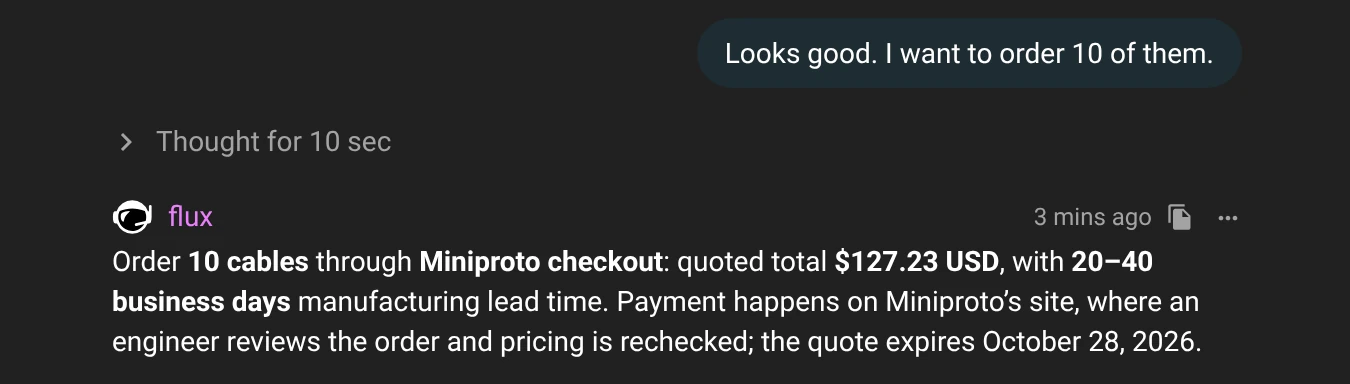 Flux chat: the user writes "Looks good. I want to order 10 of them." Flux replies with the order of 10 cables through MiniProto checkout, a quoted total of $127.23 USD, a lead time of 20 to 40 business days, and payment on the MiniProto site, where an engineer reviews the order