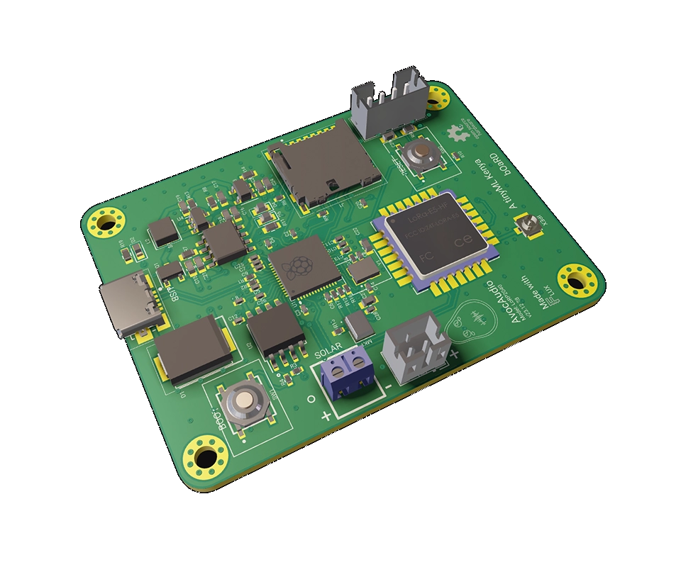 3D PCB view of AvocAudio: TinyML Board