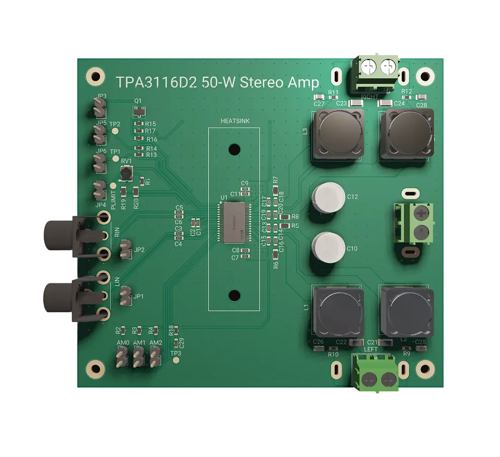 3D PCB view of High-Fidelity Class-D Audio Amplifier