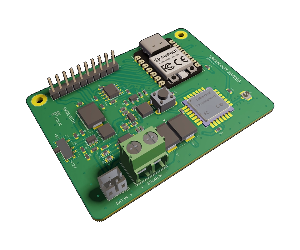 3D PCB view of The Green Dot 2040E5 Board