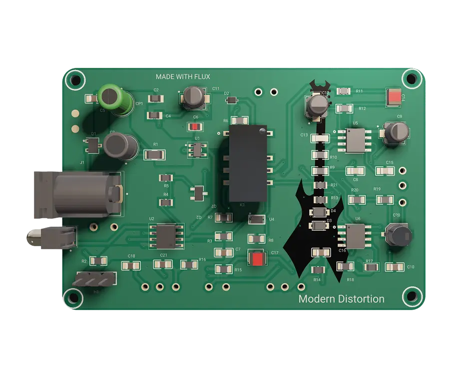 3D PCB view of Modern Distortion Effect Pedal