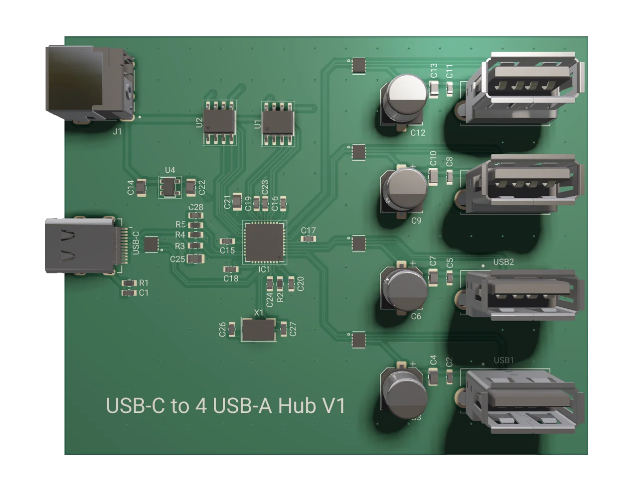 3D PCB view of USB-C to 4 USB-A Hub V1