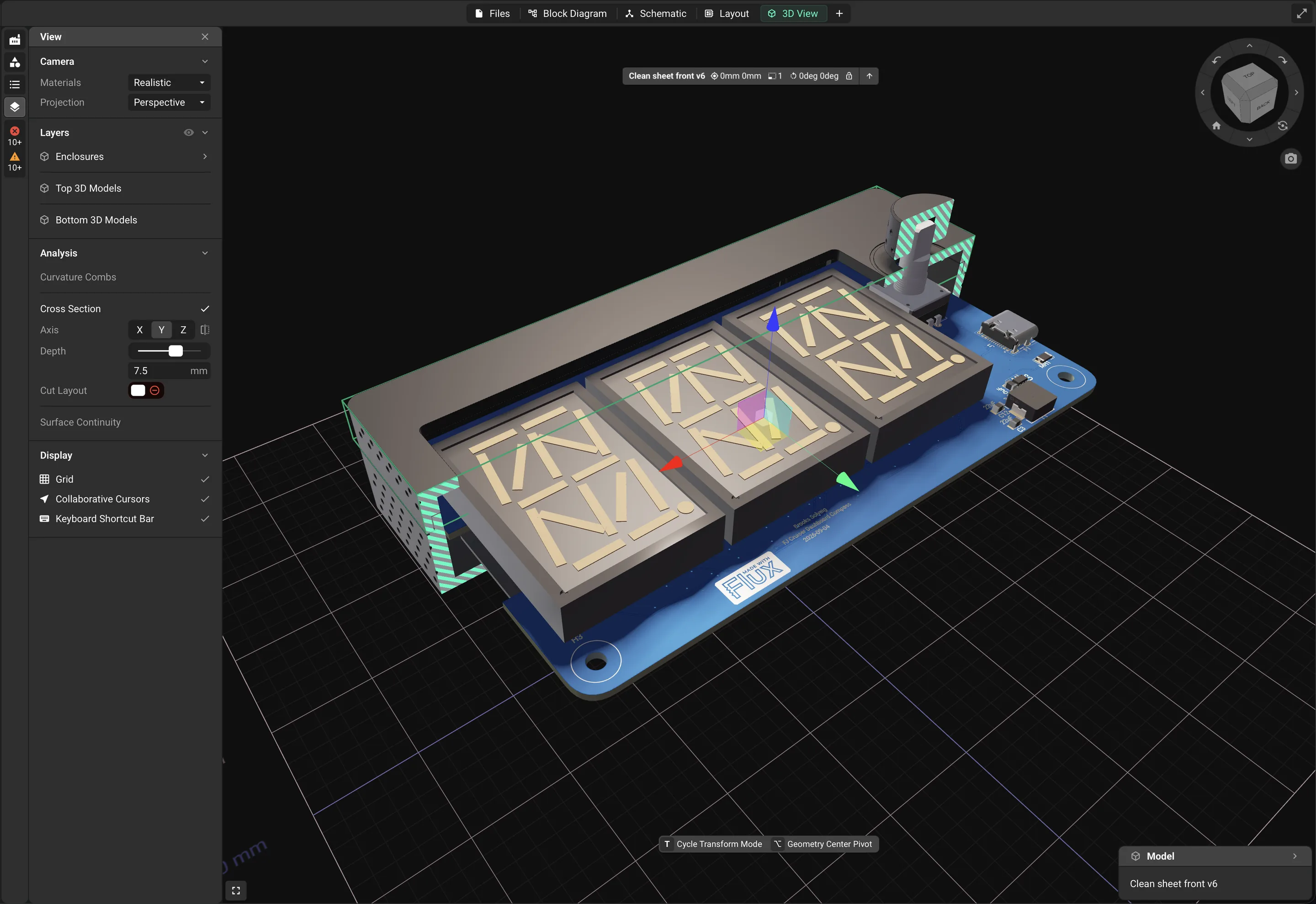 Cross section through an enclosure and its board in the Flux 3D view