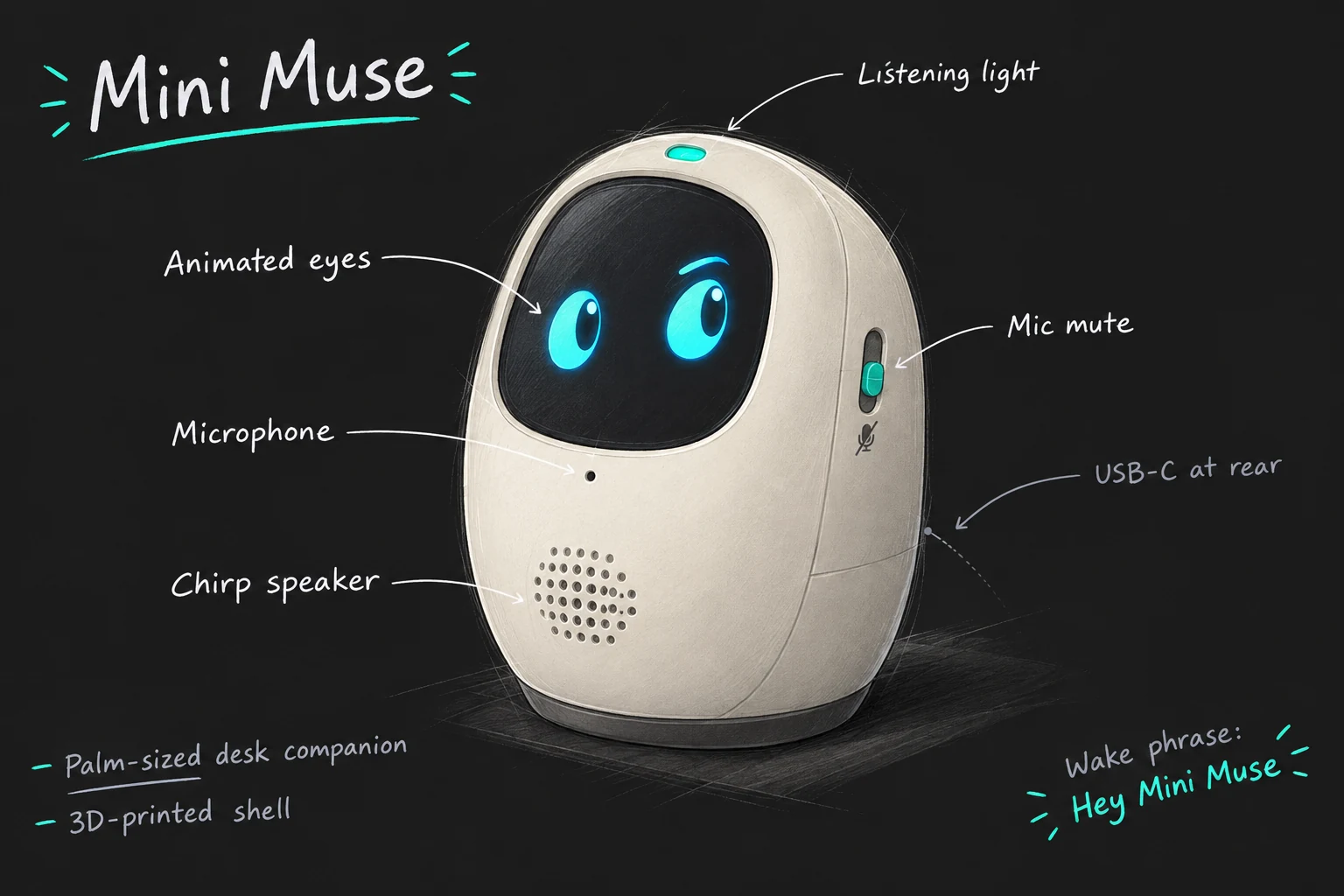 Mini Muse concept sketch with labeled features
