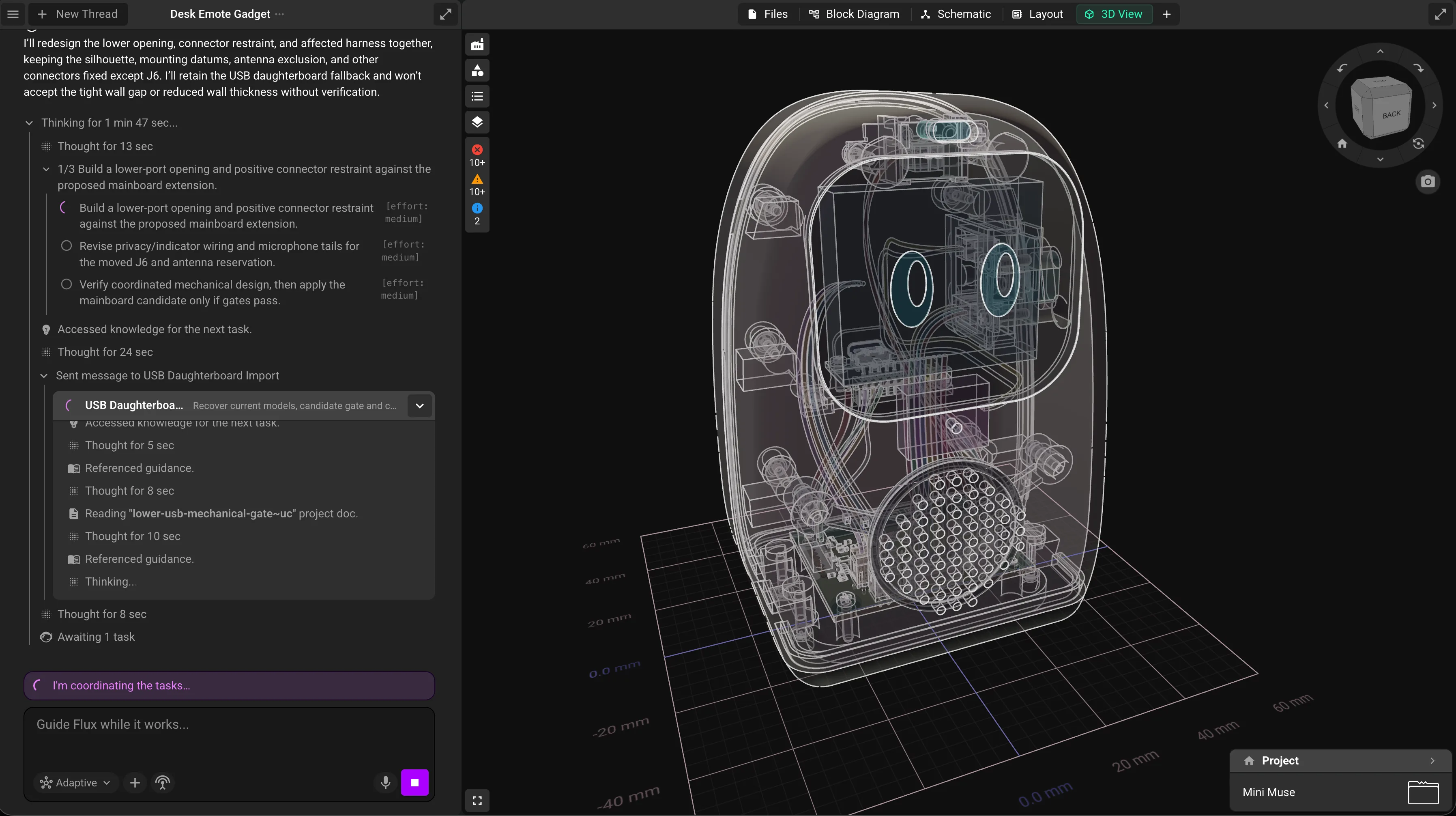 Flux editor: the AI engineer plans and delegates tasks while the 3D view shows the complete device: enclosure, circuit board, and wiring