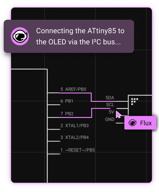 Schematic stage. Flux generates schematics and BoMs automatically adhering to best practices and checking in at key points so you’re always the lead engineer.