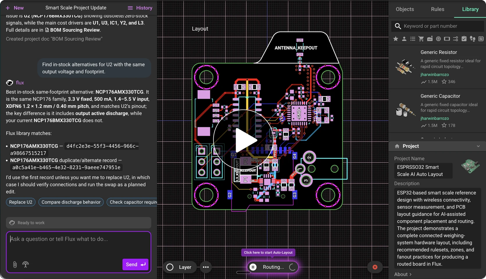 Flux AI working alongside a PCB layout and component library