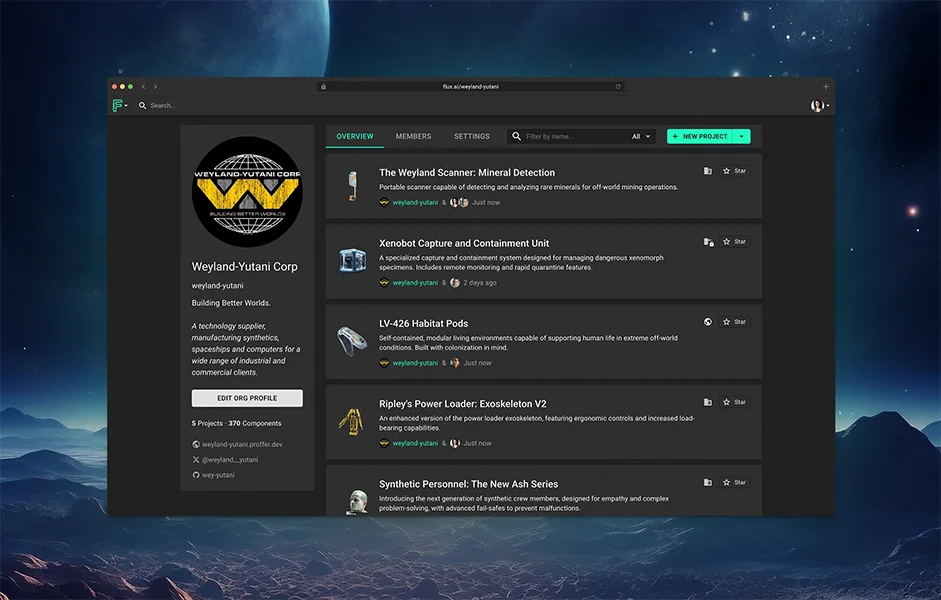 A public profile page of an organization on Flux, showing their information and featured projects. 