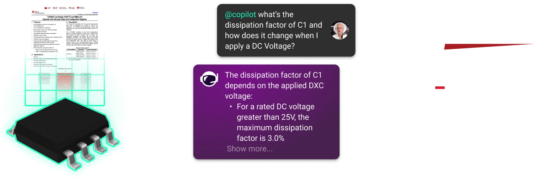 A SOIC-8 component being created from AI reading datasheets. A conversation between a user and an ai-design assistant, asking for the dissipation factor of C1. Logo of JEDEC, cadence and altium. Flux can export parts in any format.